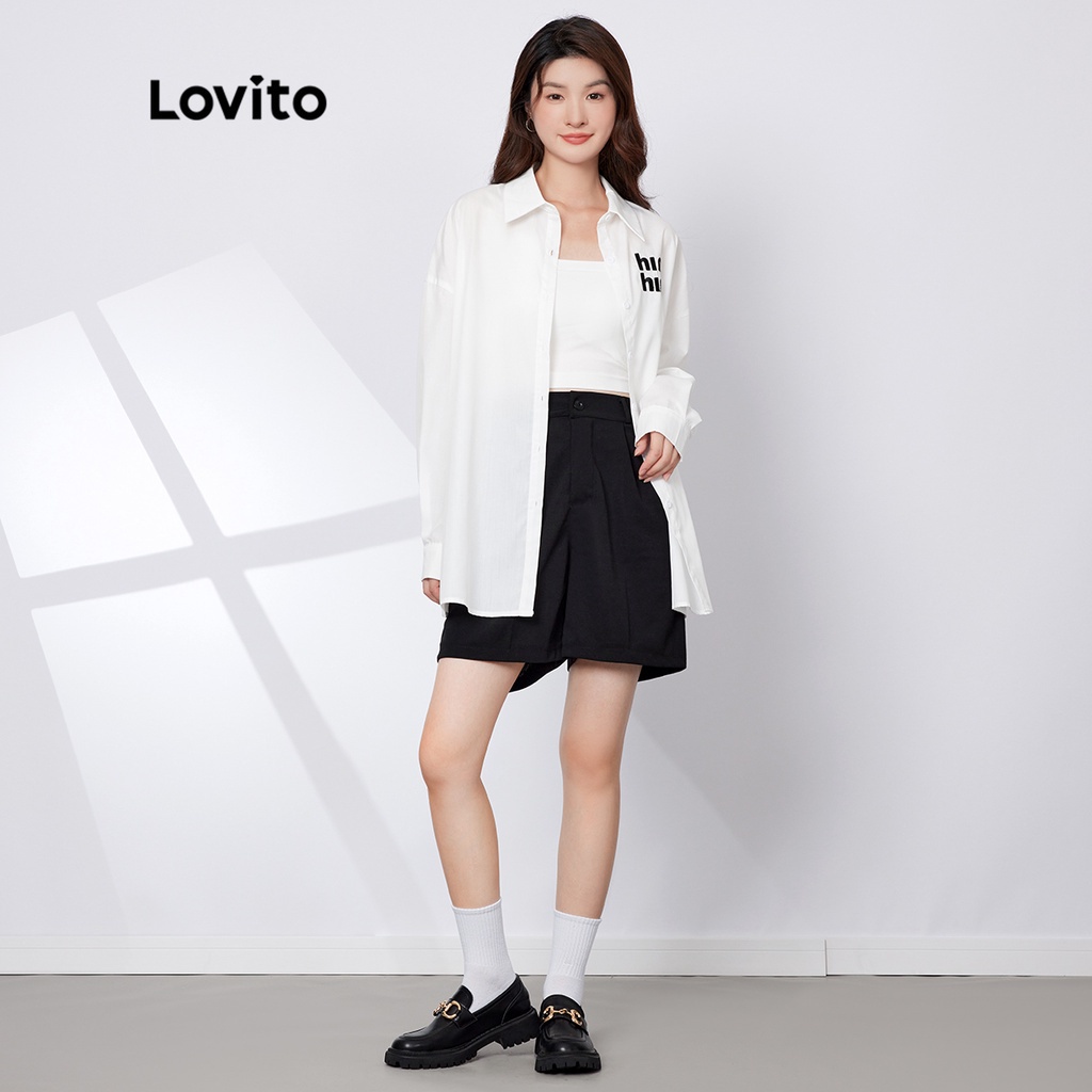 Áo kiểu Lovito thường ngày in chữ cổ gấp họa tiết thêu tay dài L29AD015 (màu trắng)