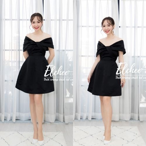 Đầm Đen Trễ Vai - Đầm màu đen trễ vai đầm xòe thiết kế cao cấp Elchee Collection