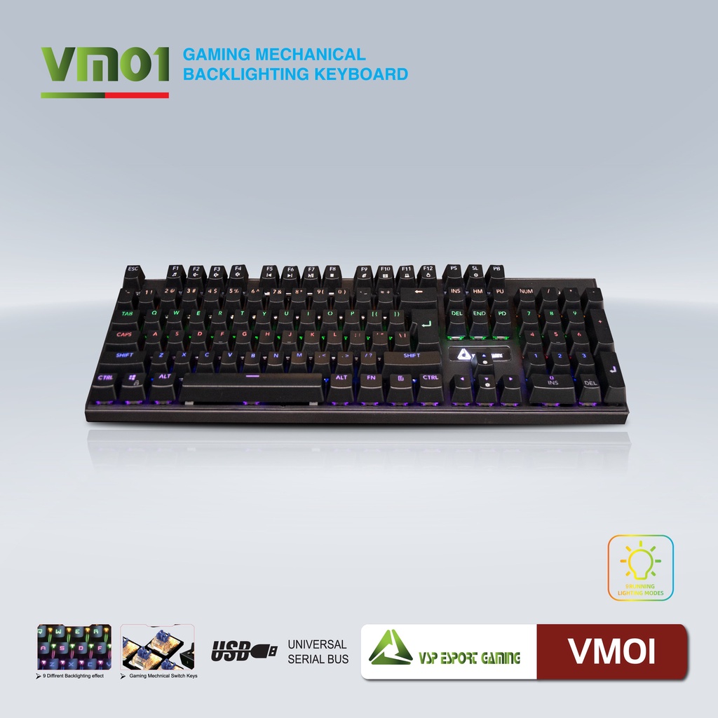 Bàn phím Cơ Gaming VSP Esport VM01 - 13 chế độ Led, Anti Ghost 25 phím - Hãng phân phối