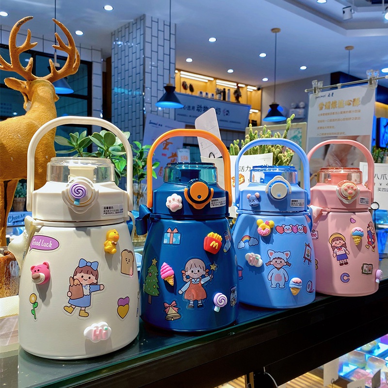 Bình nước giữ nhiệt cute có ống hút dễ thương sticker