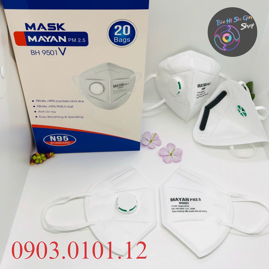 Khẩu trang n95 có van thở đệm mũi , Kn95 chính hãng Mayan pm2.5 BH9501v lớp lọc kháng khuẩn than hoạt tính