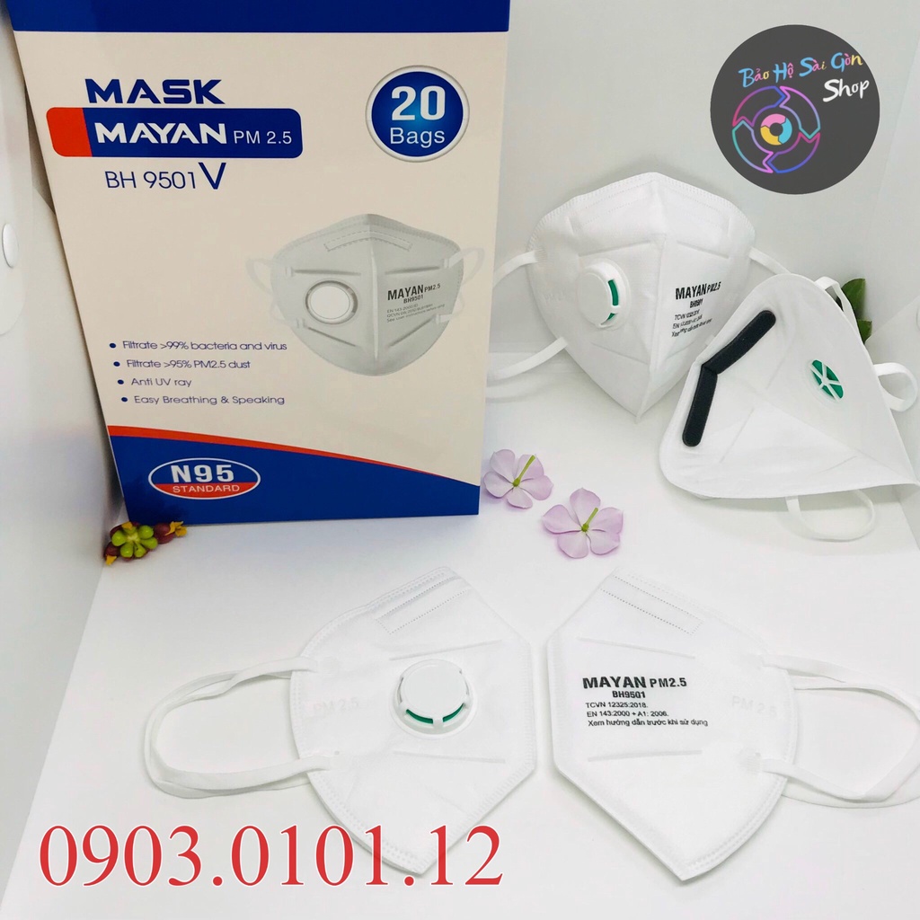 Khẩu trang n95 có van thở đệm mũi (set 10 cái), Kn95 chính hãng Mayan pm2.5 BH9501v lớp lọc kháng khuẩn than hoạt tính