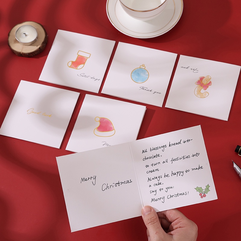 Set 6 Thiệp Giáng Sinh Mini Màu Nước Kèm Bao Thư Xinh Xắn
