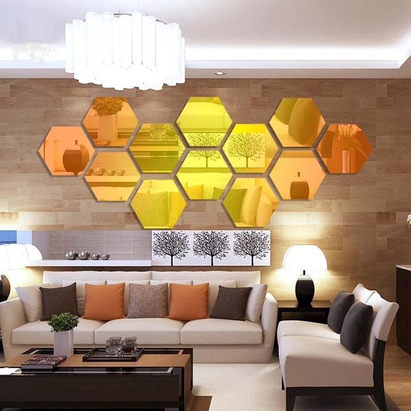 Set 12 Miếng Dán Tường 3d Hình Lục Giác Tạo Hiệu Ứng Gương Bắt Mắt