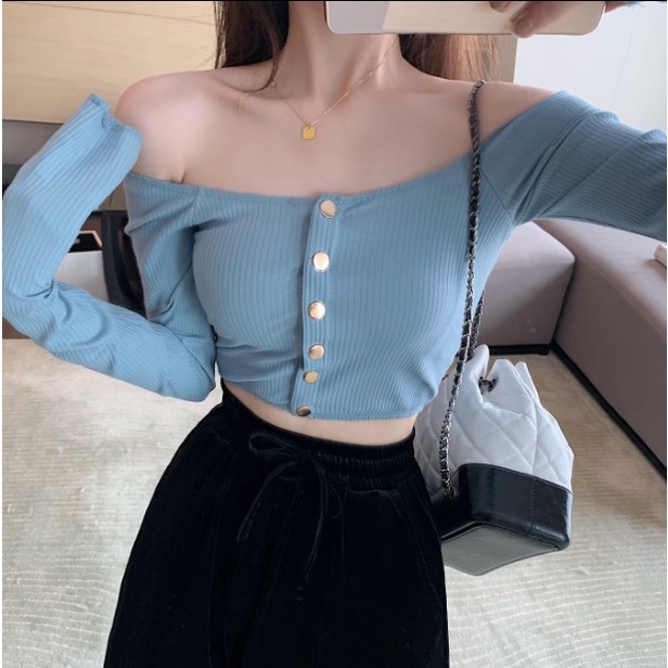 Áo Croptop Len tăm Hở Vai tay dài xinh xắn, dễ thương, phong cách Hàn Quốc