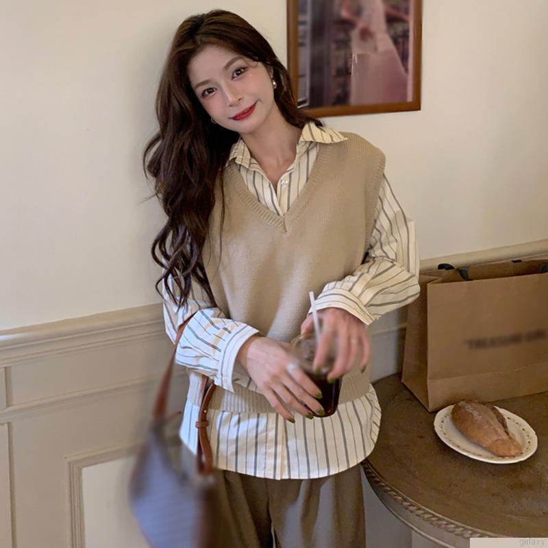 Áo sơ mi tay dài dáng rộng họa tiết sọc phong cách Hàn Quốc thời trang cho nữ