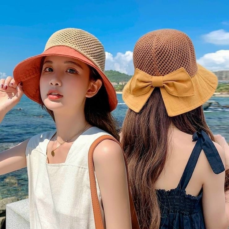 Mũ Nón Đội Đầu Che Nắng Đi Biển Có Nơ Xinh Xắn Viền Vải Thoáng Khí