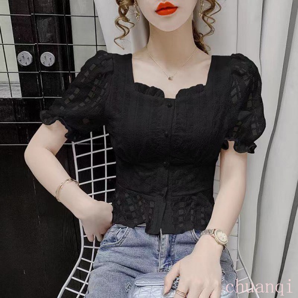 Áo sơ mi chiffon tay phồng cổ vuông phong cách mùa hè cho nữ