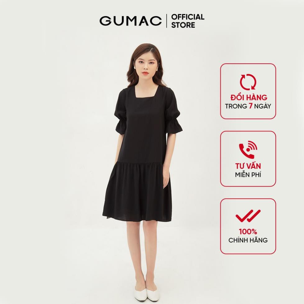 Đầm suông nữ tay nhún GUMAC màu đen trơn, đủ size, đồ công sở trẻ trung, thanh lịch DB325 Đẹp ! *