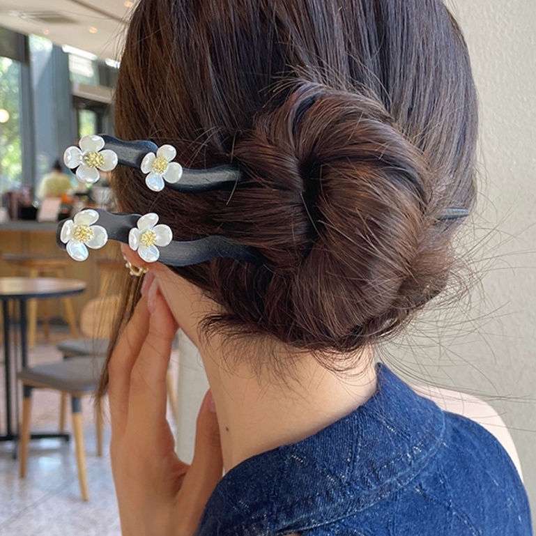 Kẹp Tóc Gỗ Mun Hình Hoa Đơn Giản Phong Cách Hàn Quốc