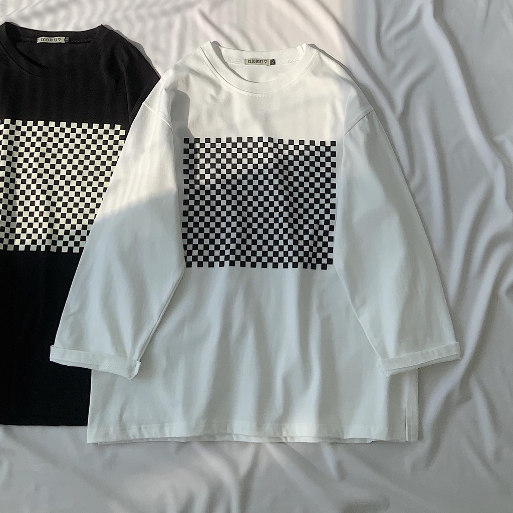 Áo Phông Dài Tay JEMCLOSET Fuid Form Dáng Rộng Hình Kẻ Caro Chất Liệu Vải Thô Phong Cách Hàn Quốc - 10134