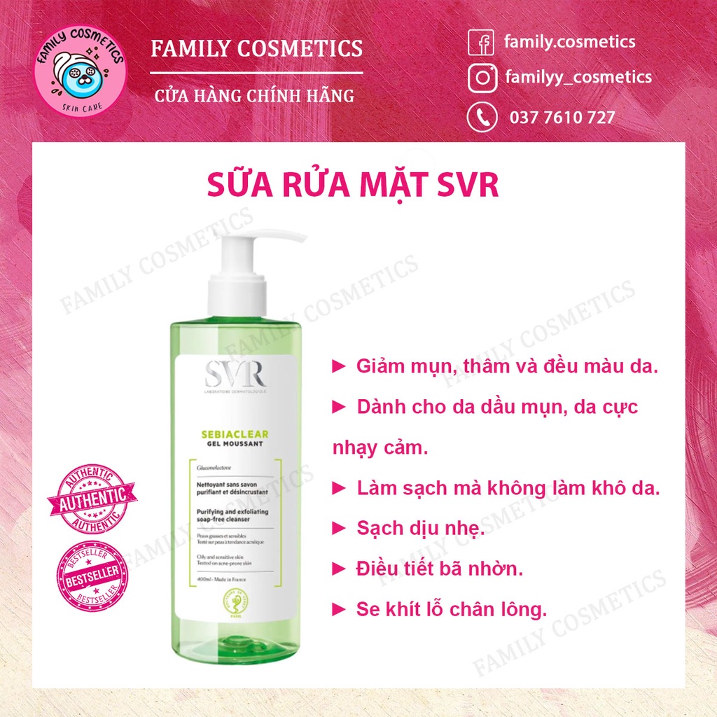 Gel sữa rửa mặt cho da dầu mụn SVR Sebiaclear Gel Moussant 400ml - Family Cosmetics