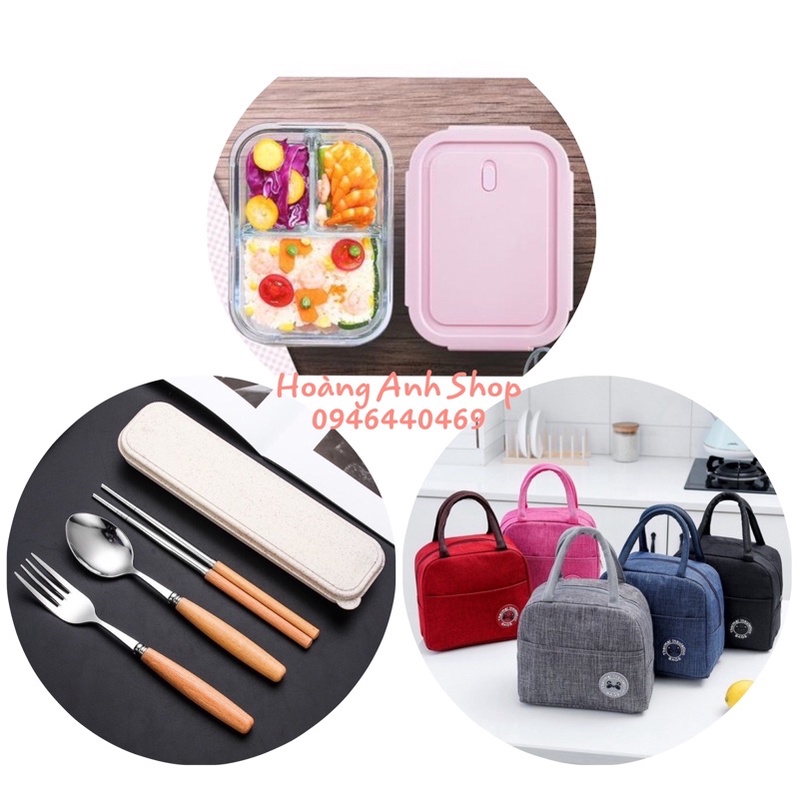 (HOT) Hộp Cơm Văn Phòng 1 2 3 Ngăn - Hộp Cơm Thuỷ Tinh 1L Cao Cấp Chống Tràn - Túi Giữ Nhiệt - Bộ Muỗng Đũa Nĩa