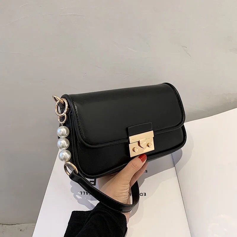 Túi xách nữ, túi đeo chéo da pu khoá bấm, dây phối 3 ngọc kiểu dáng vintage hàn quốc siêu xinh