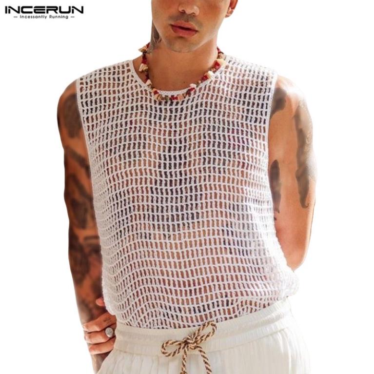 Áo tank top INCERUN màu trắng phối lưới xuyên thấu dáng rộng thoải mái cho nam ⚡ *