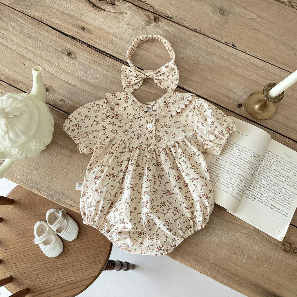 Áo Liền Quần Tam Giác Tay Phồng Họa Tiết Hoa Mùa Hè Cho Bé Gái