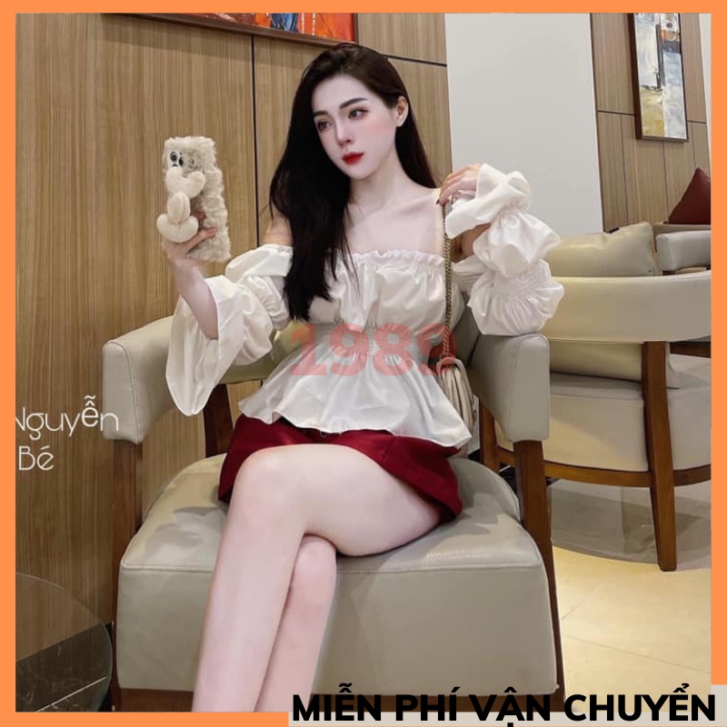 Set Áo Thô Trễ Vai Mix Quần Tacta Đỏ Siêu Xinh Có Ảnh Thật THỜI TRANG1989 áo trễ vai tay bồng ULZZANG hàn quốc nữ