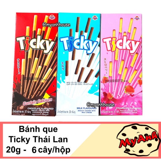 Bánh Que Ticky Thái Lan Phủ Kem 3 Vị Socola , Sữa , Dâu - Hộp 20gr 6 Que
