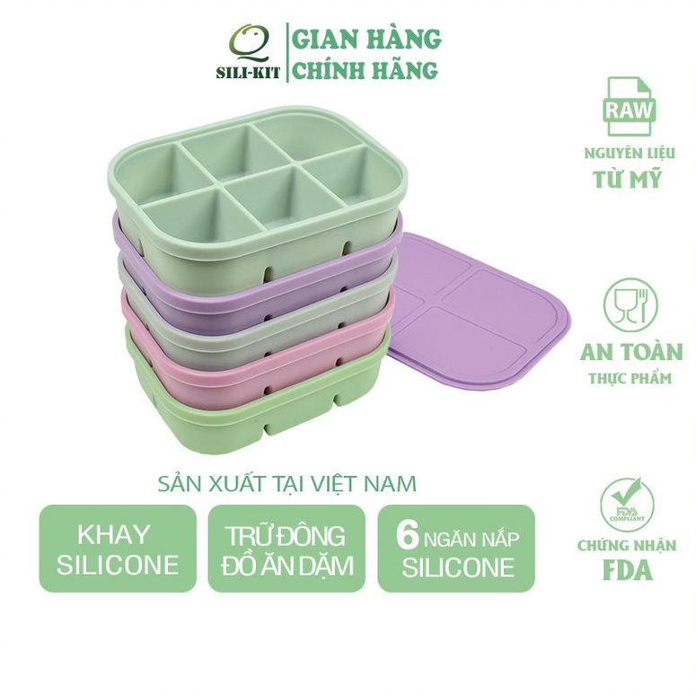 Khay trữ đông silicone 6 ngăn cao cấp SILIKIT có nắp bảo quản đồ ăn, làm hộp đựng thức ăn, dùng được trong lò vi sóng