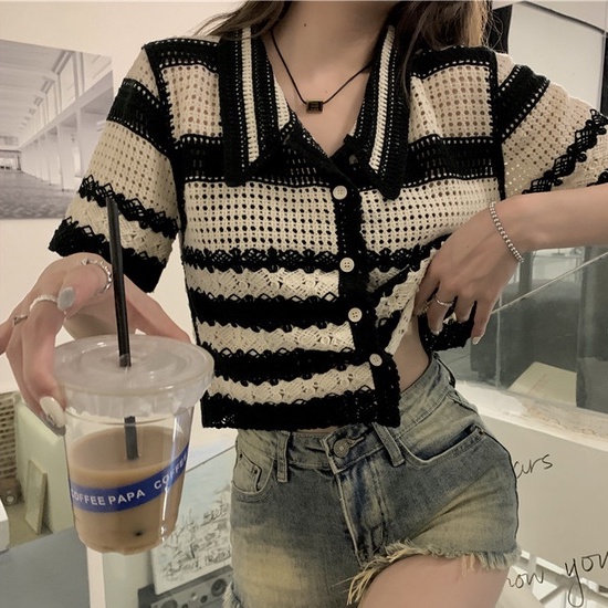 ihkke Áo Cardigan Dệt Kim Tay Ngắn Cổ POLO Họa Tiết Kẻ Sọc Thời Trang Mùa Hè Hàng Mới Dành Cho Bạn Nữ