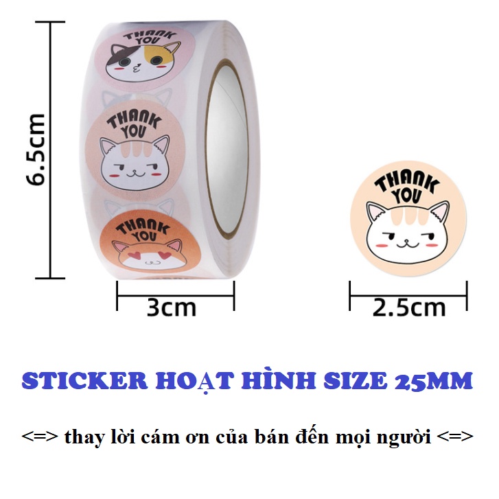 Sticker Thank You hoạt hình cute - Cuộn băng keo tape cám ơn 500cái x 2.5cm