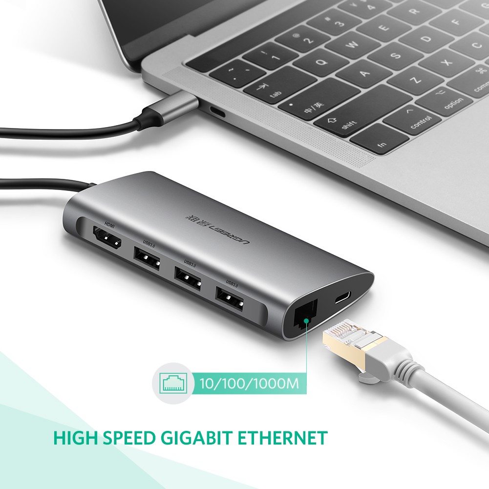 [Mã 159ELSALE hoàn 7% đơn 300K] Hub USB Type-C 8 Cổng HDMI/USB 3.0/SD/TF/LAN Gigabit (RJ45) Ugreen 50538