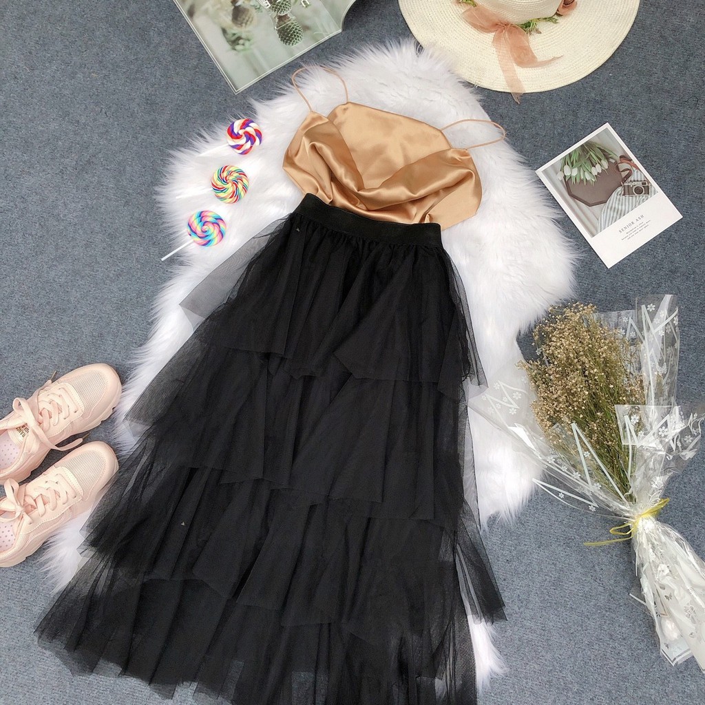 Set áo cổ đổ và váy tầng dài xinh U0407 hình chụp thật