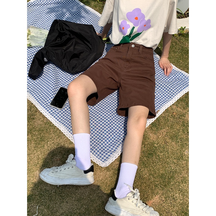 Quần Short denim Lưng Cao Ống Rộng Thời Trang retro Cho Nữ