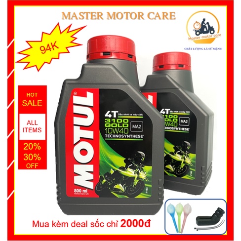 Nhớt MOTUL 3100 Gold 800ml, Dầu nhớt bán tổng hợp JASO MA2 SM ( nhớt xe số, tay côn)