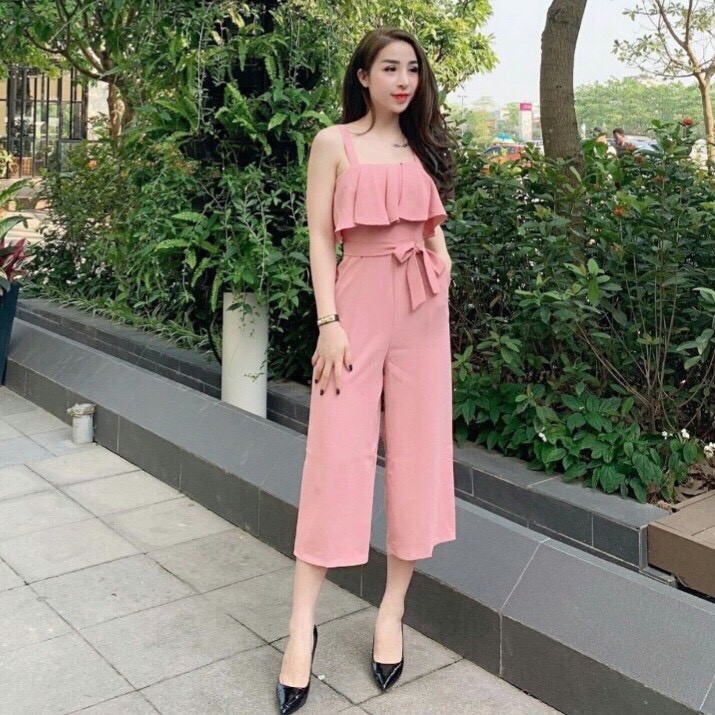 Jumpsuit dài ống suông sẻ thắt nơ eo xinh xắn ( có mút ngực )