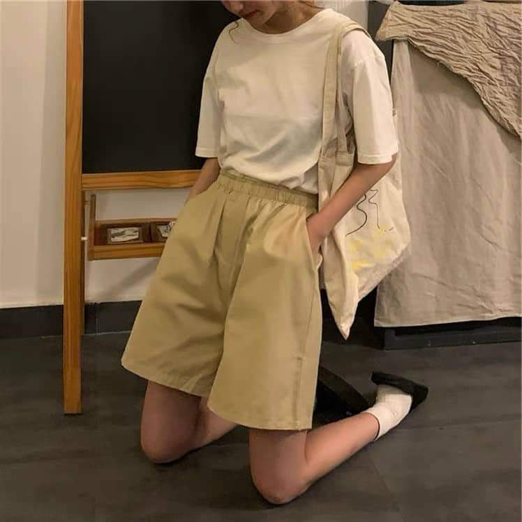 Quần Short Kaki 2 Màu Đen Be PEONYB Nữ [FREESHIP]  Sooc đùi ống rộng cạp thun retro hàn quốc cá tính Ulzzang