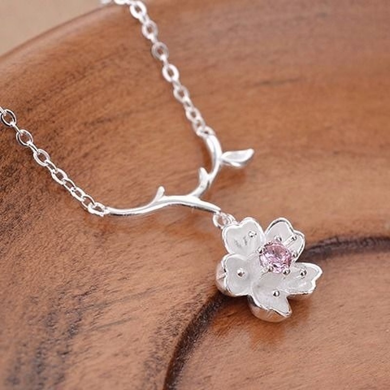 Bộ Dây Chuyền + Bông Tai Hình Hoa Anh Đào Màu Bạc Đính Đá Zircon Thời Trang Cho Nữ
