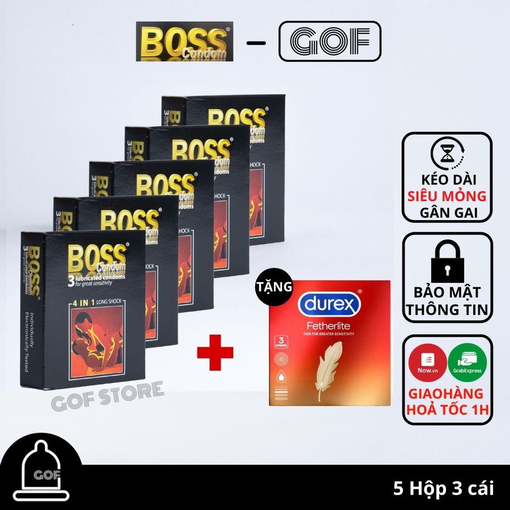 Bộ 5 Bao cao su gai gân ôm sát Boss 4 in 1 Long Shock Hộp 3c Tặng 1 Bcs mỏng Durex Fetherlite Hộp 3c-GoF