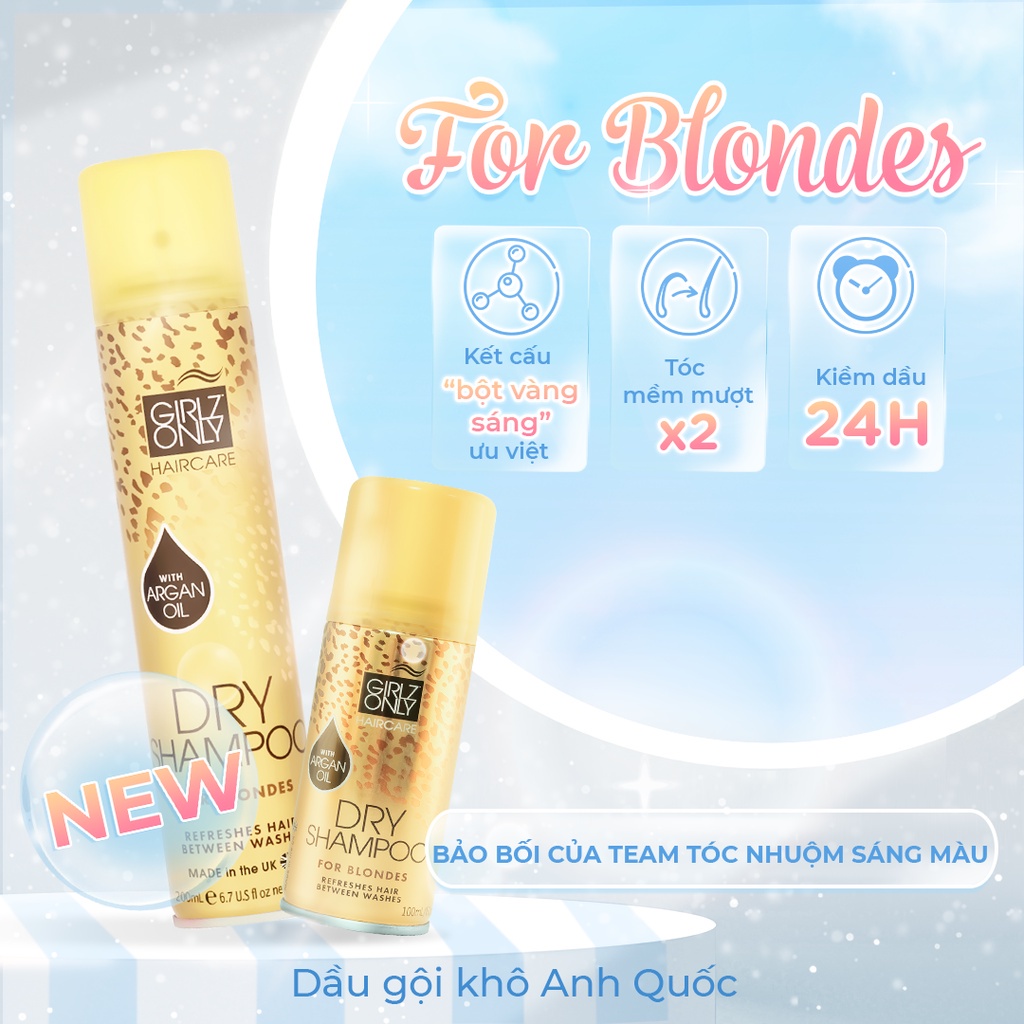 Dầu Gội Khô Giúp Tóc Sạch Gàu Và Bồng Bềnh Girlz Only For Blondes 200ml (Vàng)
