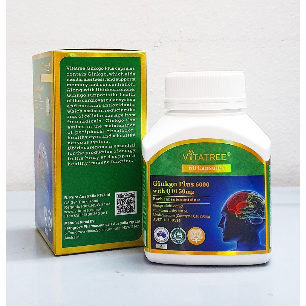 date 2025 - Bổ Não Ginkgo Plus 6000 with Q10 50mg hãng Vitatree Úc chai 60 viên capsules từ úc