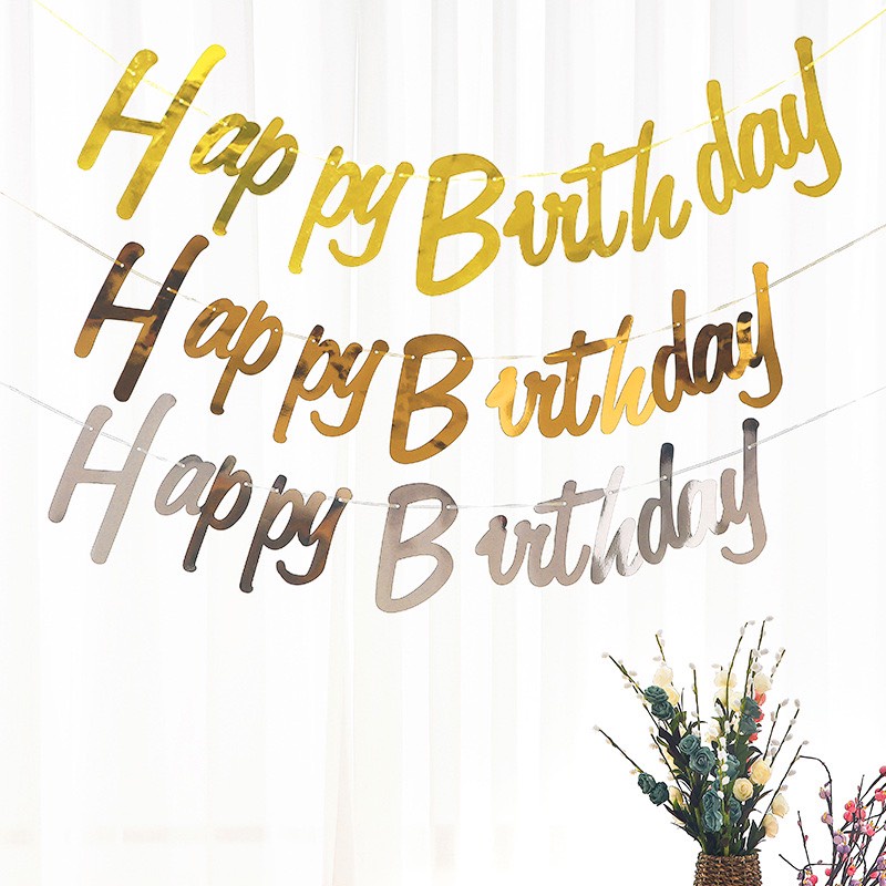 Dây Cờ Chữ Happy Birthday Ép Kim Trang Trí Sinh Nhật bằng giấy dài 2 mét JK90