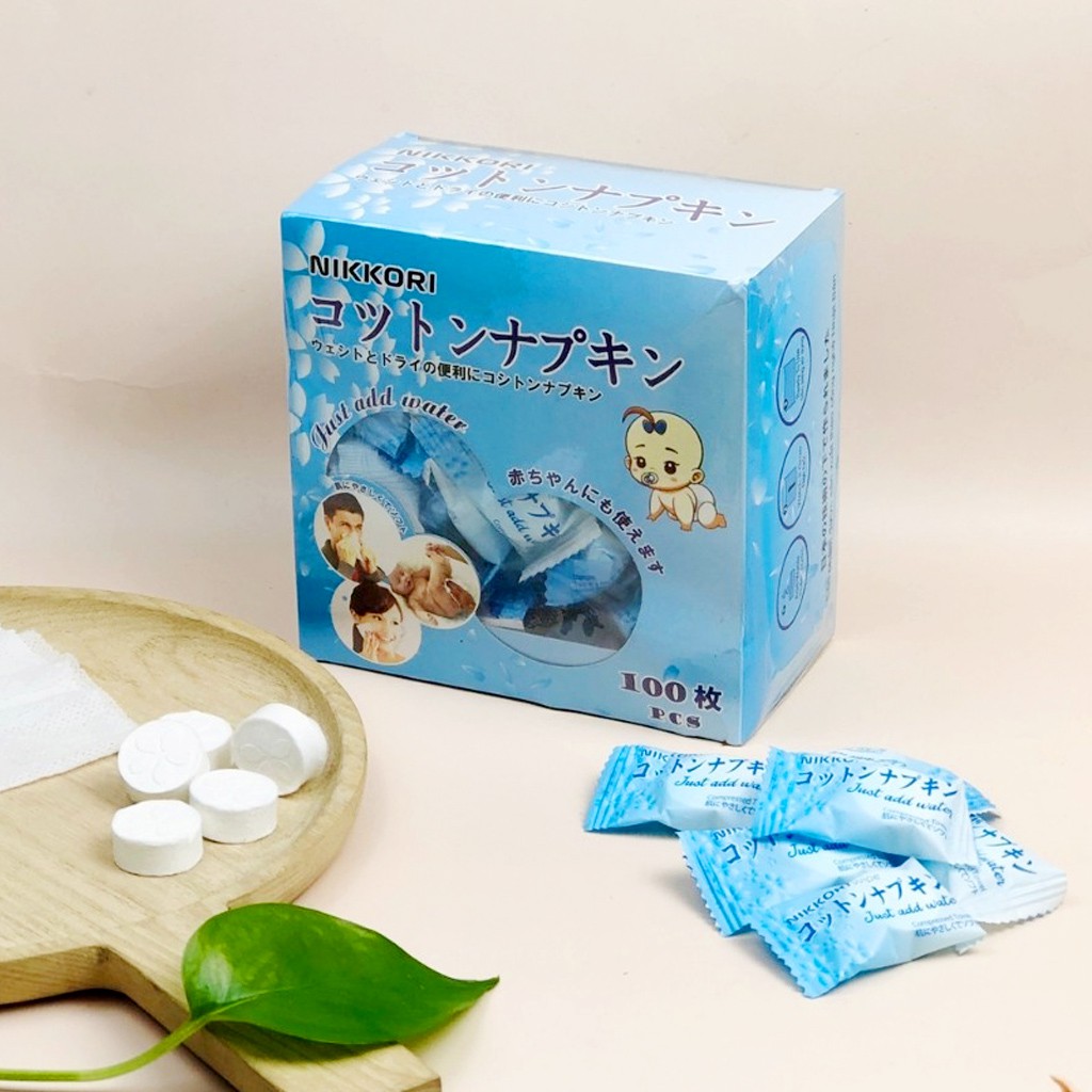 Khăn giấy nén đa năng xuất Nhật Nikkori - dạng viên kẹo - không hoá chất - Hộp 100 viên