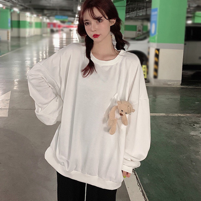 Áo Sweater Tay Dài Dáng Rộng In Hình Gấu Xinh Xắn Phong Cách Hàn Quốc Cho Nữ