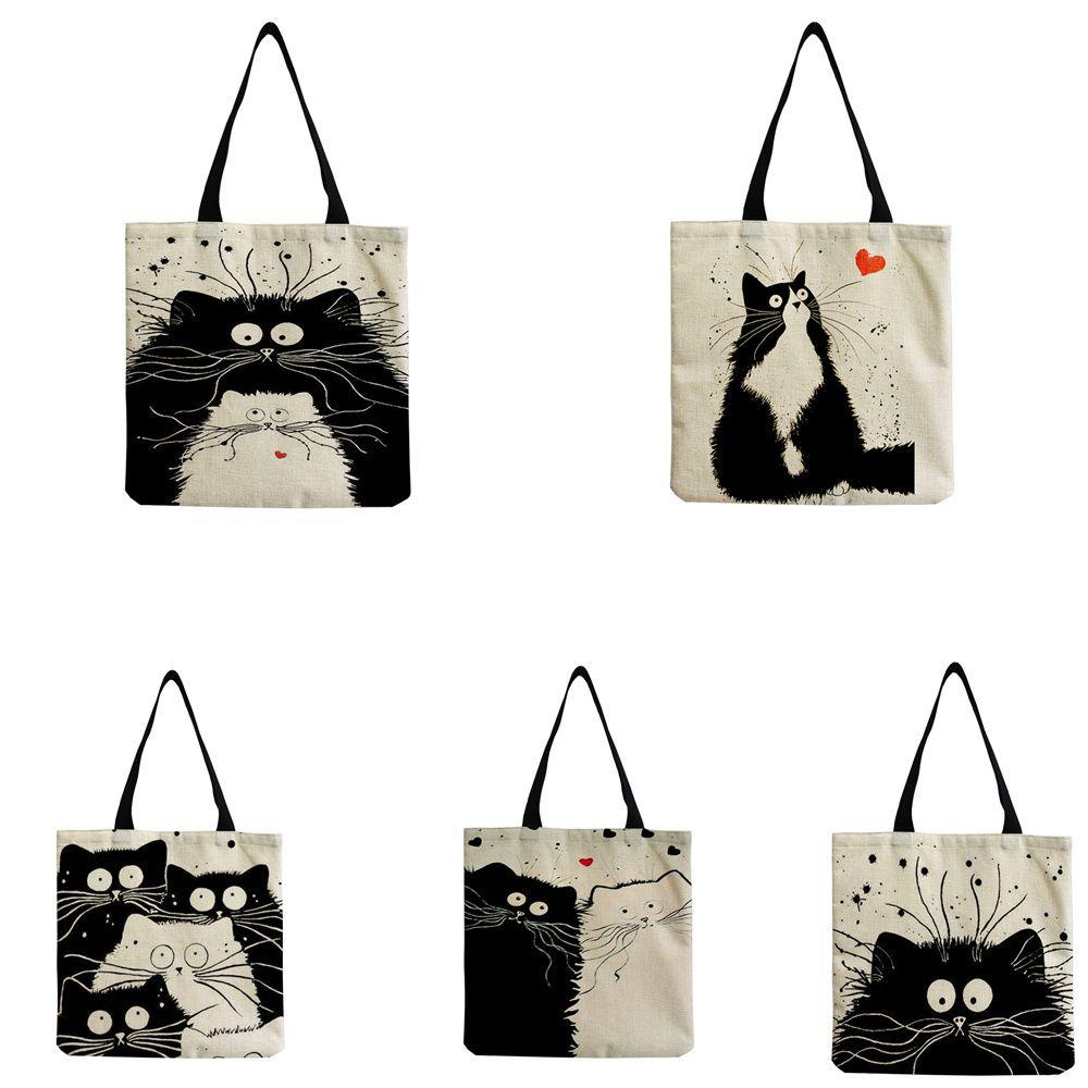 LEILY Women Handbag Casual Cute Cat Tote Shopping Bag Reusable Linen Traveling Shoulder Bags Beach Bags