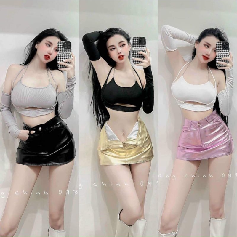 Chân váy da ngắn khuy bọc hàng QCL1
