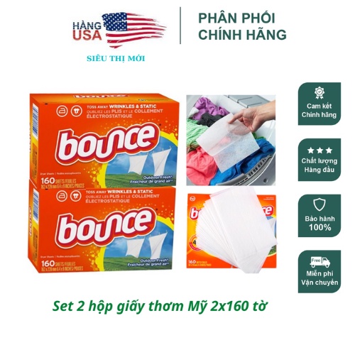 Lốc 2 Hộp Giấy Thơm Quần Áo Bounce Mỹ Hộp 160 Tờ & xịt thơm– Mỹ