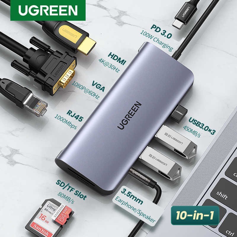 [Mã 155ELSALE giảm 7% đơn 300K] Cáp Chuyển USB Type C 10 in1 HDMI 4K Cao Cấp Ugreen 80133 (Bảo Hành 18 Tháng)
