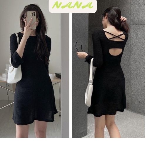 Váy suông đen đan dây lưng dáng ôm body / Đầm bassic nữ thiết kế tay dài cổ tròn style Ulzzang dễ phối đồ Nanashop