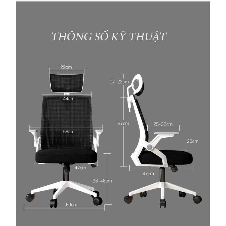 [ MỚI ] Ghế tựa đâu lưng lưới xoay 360 độ có tựa đầu nâng hạ độ cao, tỳ tay nâng hạ đệm cao su êm ái GX003