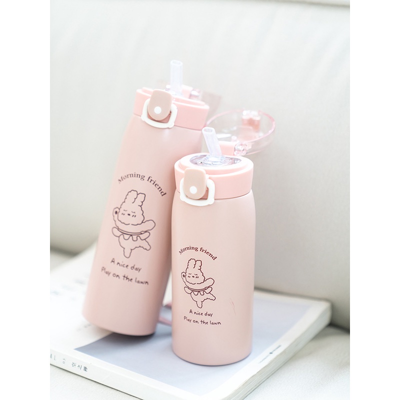 【HOT】 Cốc giữ nhiệt 500ml có dây đeo họa tiết hình dán dễ thương