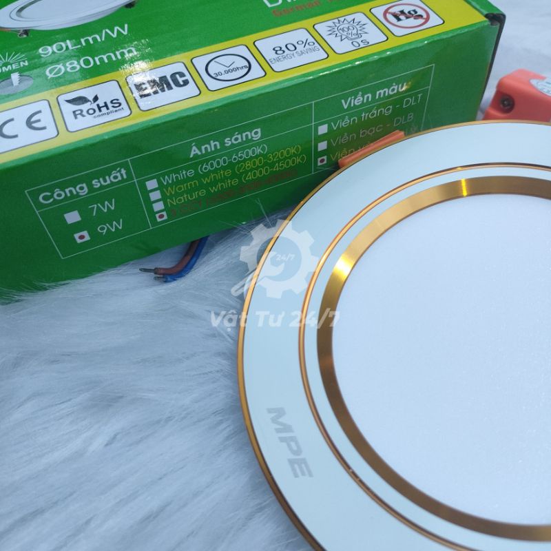 Đèn Led Panel âm trần downlight 3 chế độ màu 9w viền Vàng lỗ khoét phi 80 90mm MPE DLV-9/3C tròn tốt đủ watt chính hãng