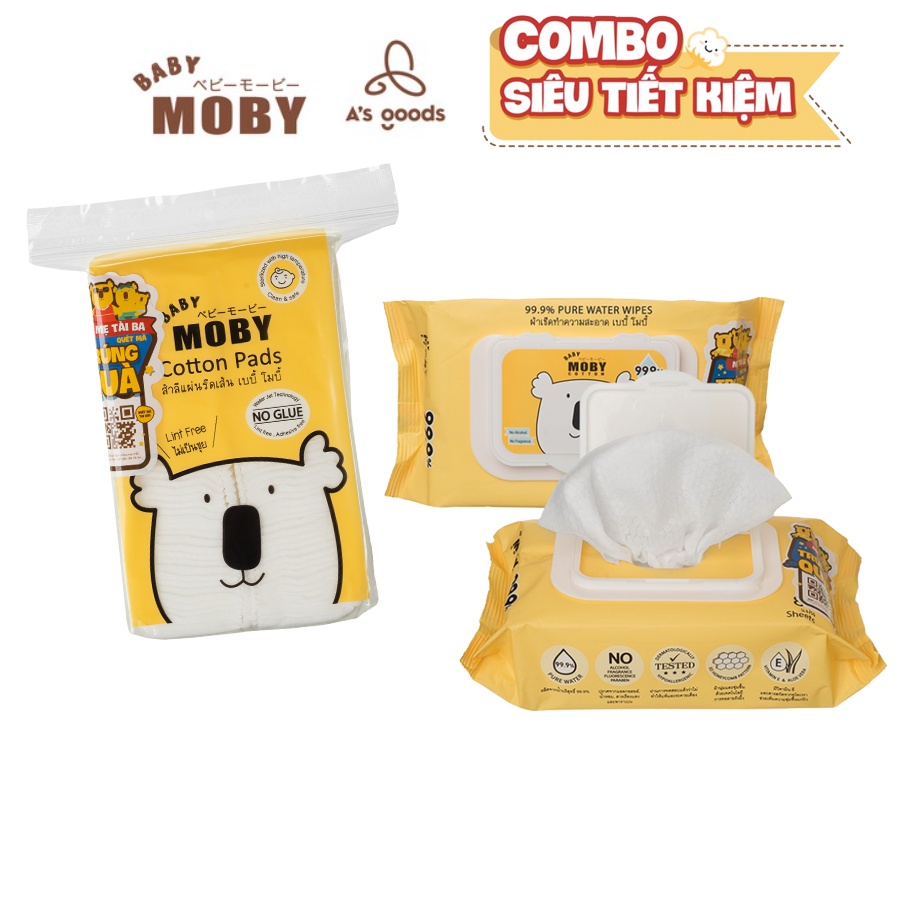 Combo 01 Bịch bông Moby đa năng cỡ nhỏ  + 02 Bịch khăn ướt Moby