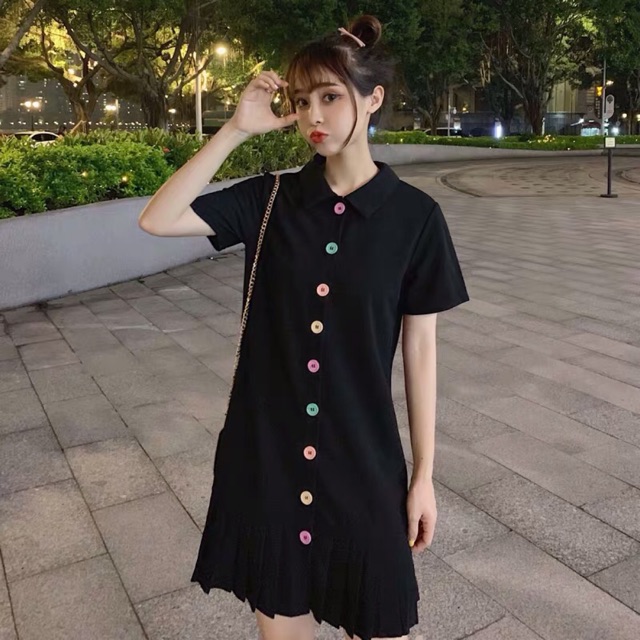 {Order,bigsizeL-4xl}Váy chân xếp li đính khuy sắc màu xinh