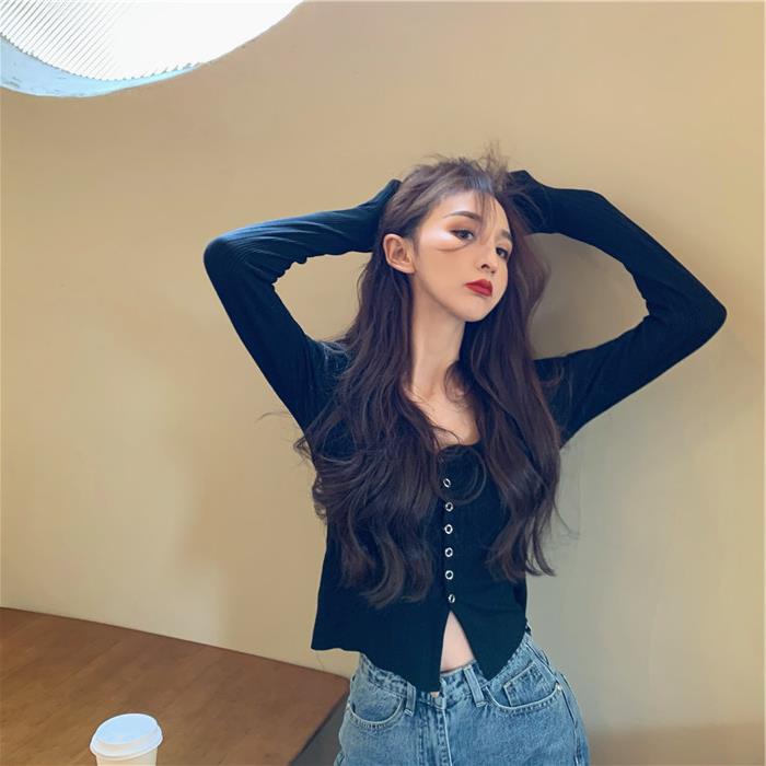 【HangFei】Áo Cardigan Dệt Kim Tay Dài Cổ Chữ V Lưng Cao Phong Cách Retro