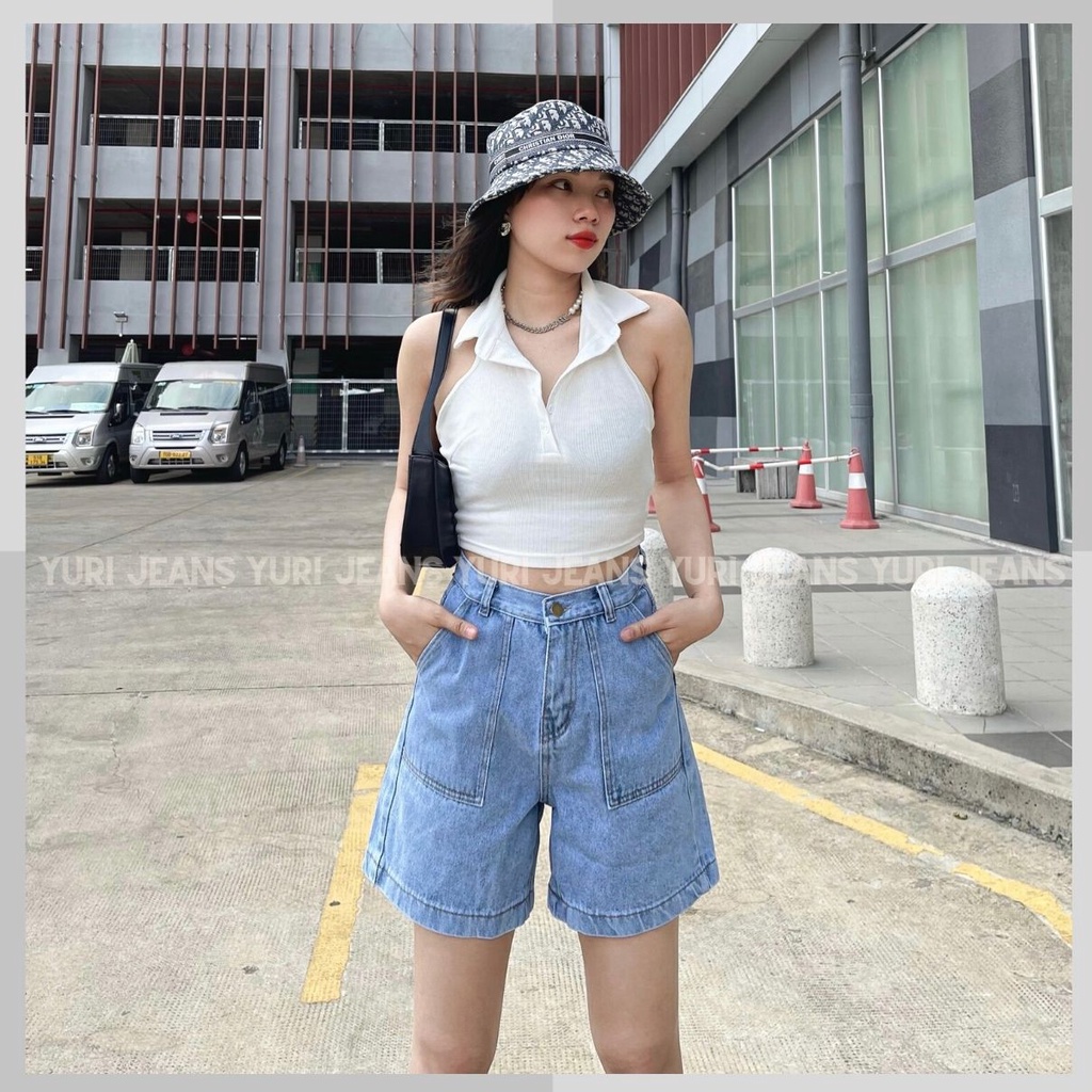Quần Ngố Ông Rộng Lưng Cao Dáng Chữ A  Túi Kiểu Màu Xanh Đậm,Nhạt Shop  YuRi Jeans Lửng 003